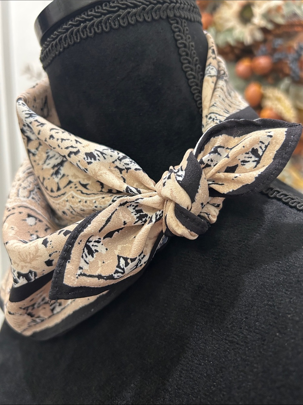 Beige Paisley Neck Scarf with Black Trim - Women Accessories OS - Picture 7 of 8